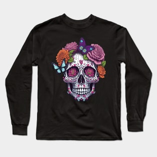 Funny Sugar Candy Skull With Flowers Long Sleeve T-Shirt